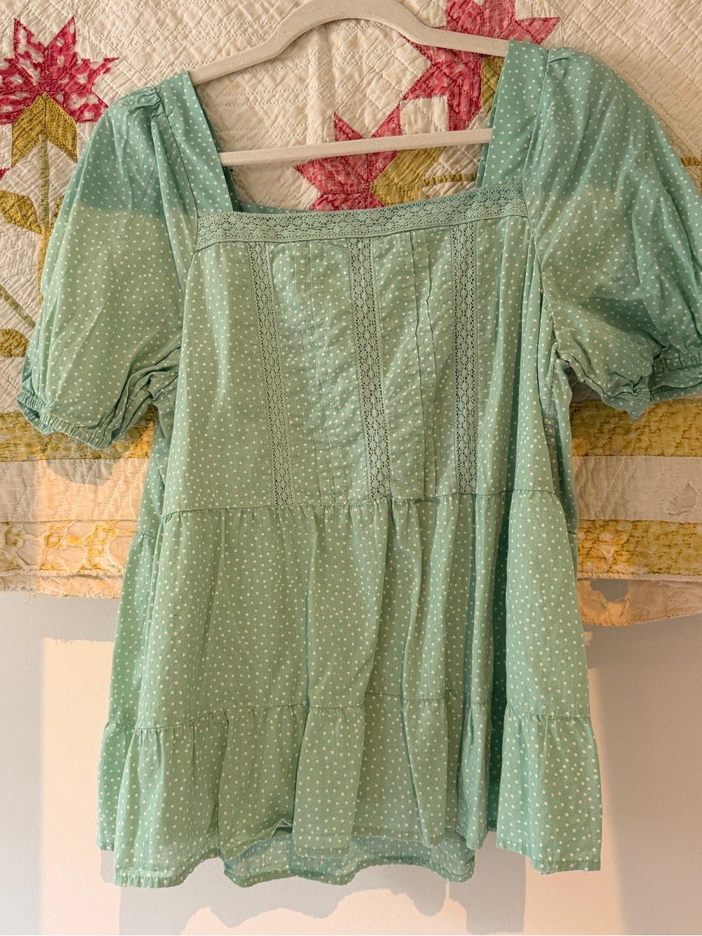 LOFT Mint Green Dot Lace-Trim Puff Sleeve Blouse
